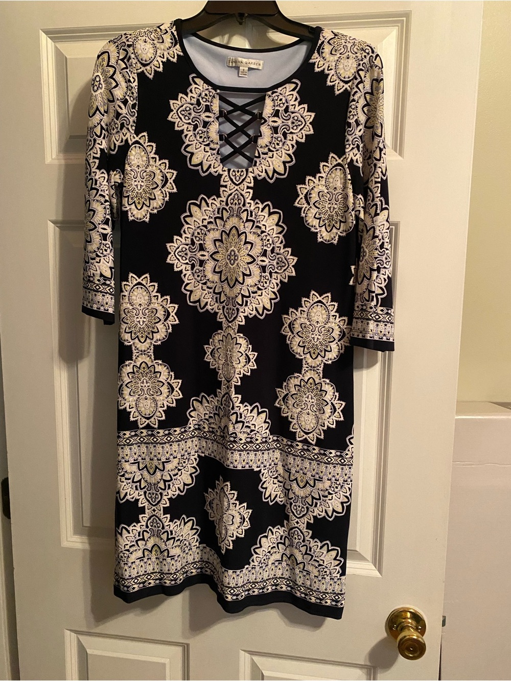 Sandra Darren Black & White Medallion Midi Dress with Lattice Neck